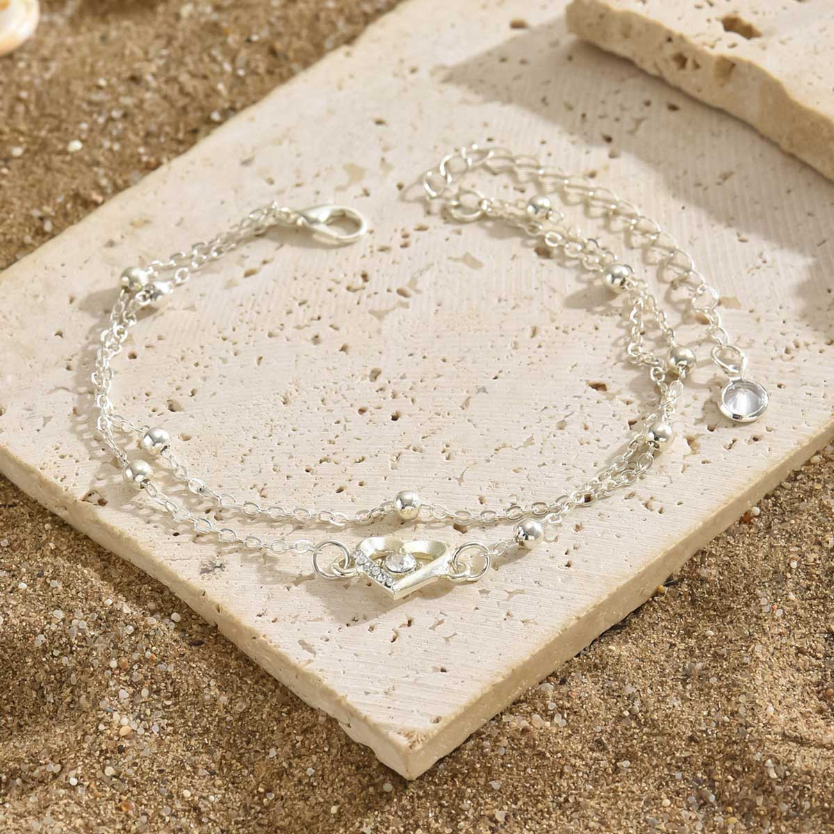 Silver jewelry,Heart jewelry,Heart Design Silver Layered Alloy Anklet