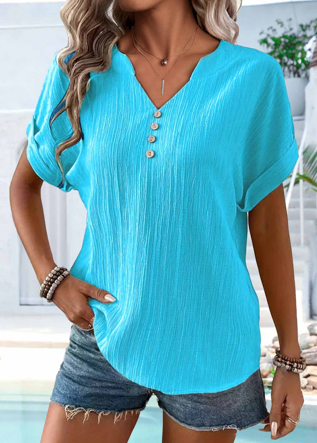 ROTITA Button Blue Split Neck Short Sleeve T Shirt