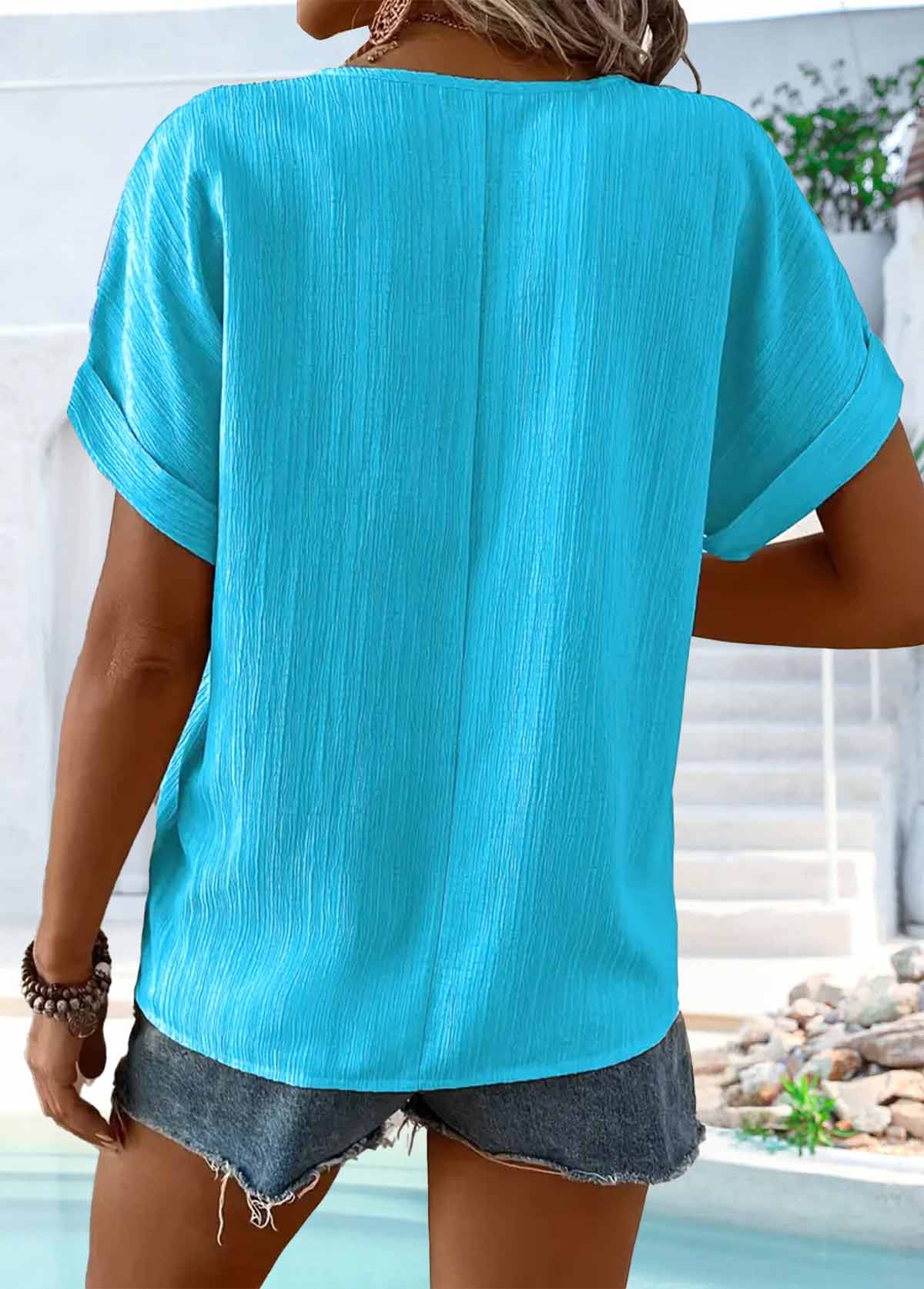 ROTITA Button Blue Split Neck Short Sleeve T Shirt