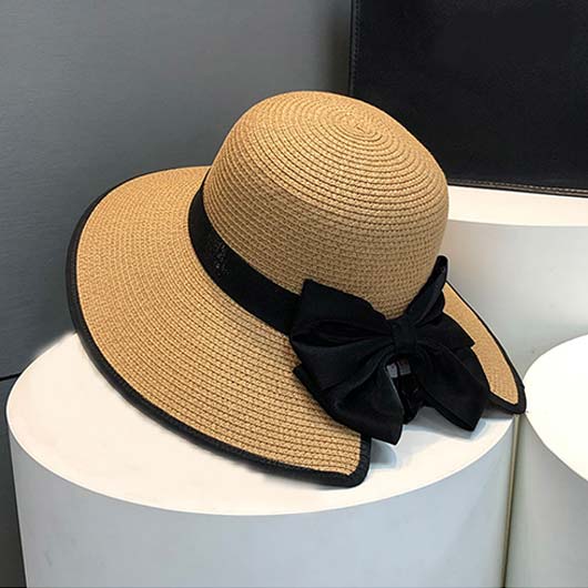 Beige accessories,Contrast Color accessories,Straw Material Bowknot Detail Beige Hat