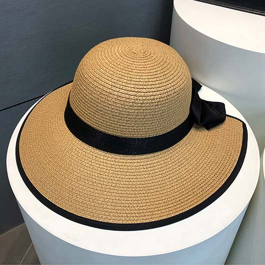Beige accessories,Contrast Color accessories,Straw Material Bowknot Detail Beige Hat
