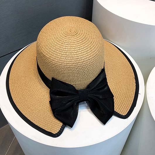 Beige accessories,Contrast Color accessories,Straw Material Bowknot Detail Beige Hat