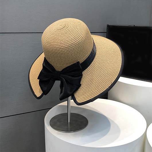 Beige accessories,Contrast Color accessories,Straw Material Bowknot Detail Beige Hat