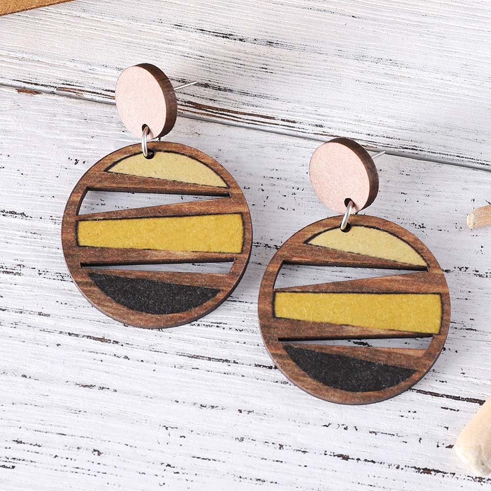 Dark Coffee jewelry,Geometric jewelry,Round Dark Coffee Wood Geometric Earrings