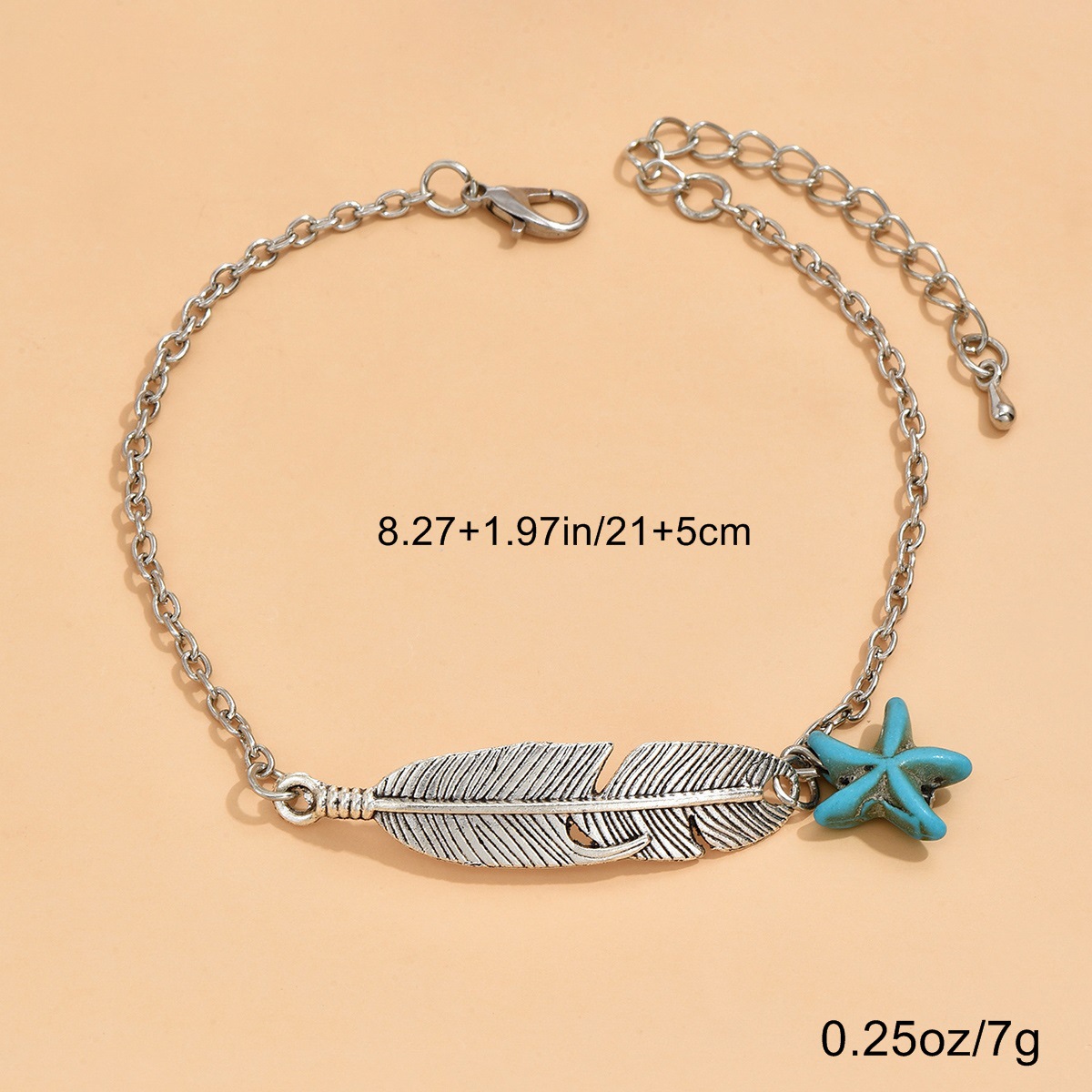 Bracelet de cheville en alliage d'argent avec motif d'étoile de mer et de plumes