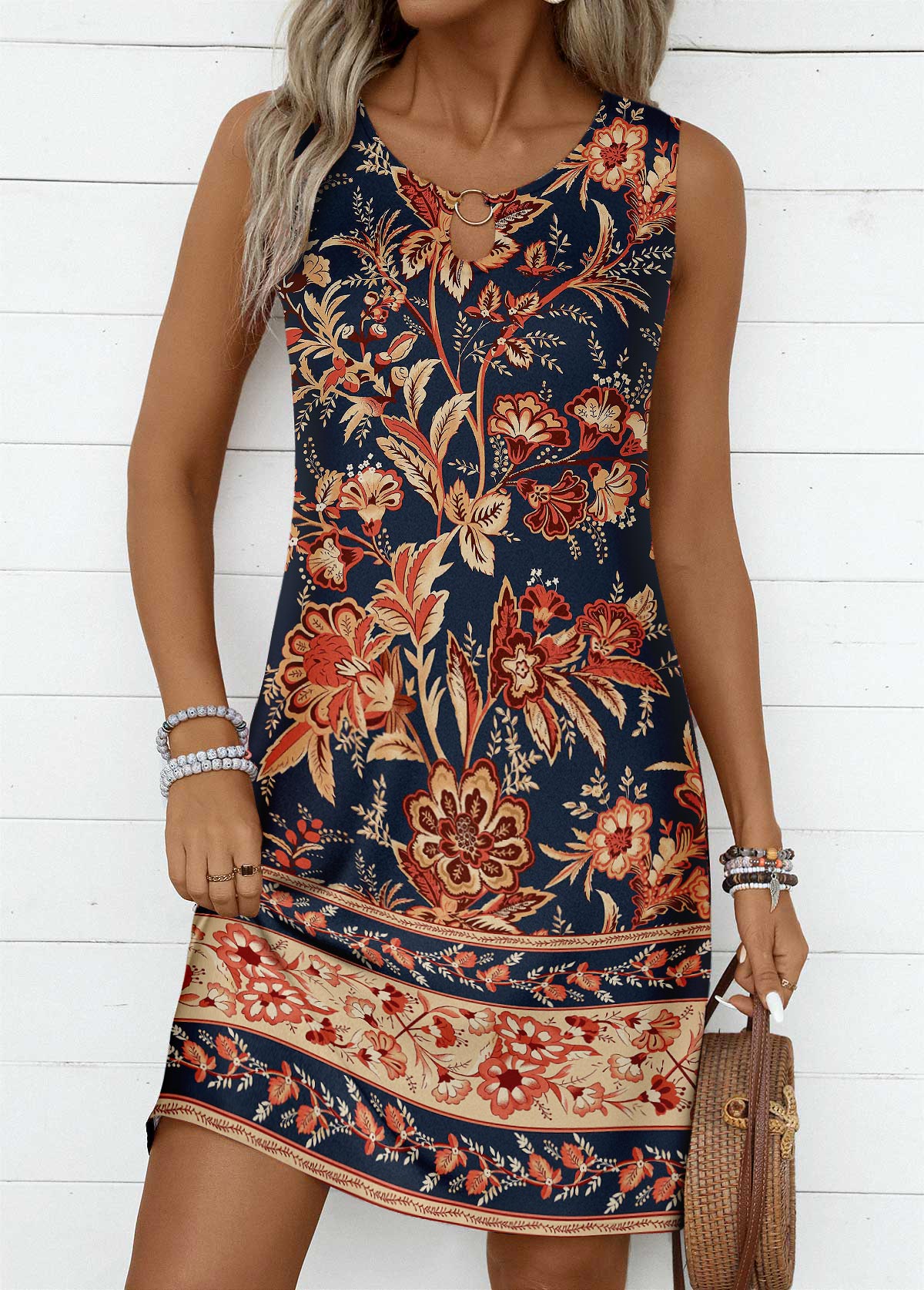 Dark Blue dresses,Floral dresses,Plants dresses,Everyday dresses,Casual dresses,ROTITA Circular Ring Floral Print Dark Blue Round Neck Dress