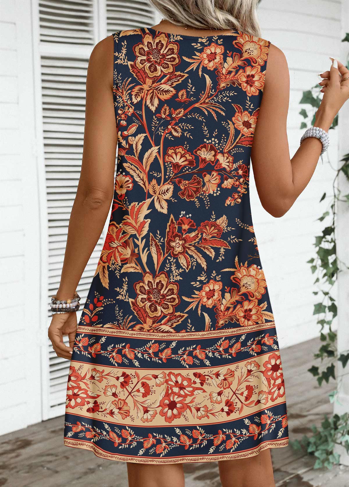 Dark Blue dresses,Floral dresses,Plants dresses,Everyday dresses,Casual dresses,ROTITA Circular Ring Floral Print Dark Blue Round Neck Dress