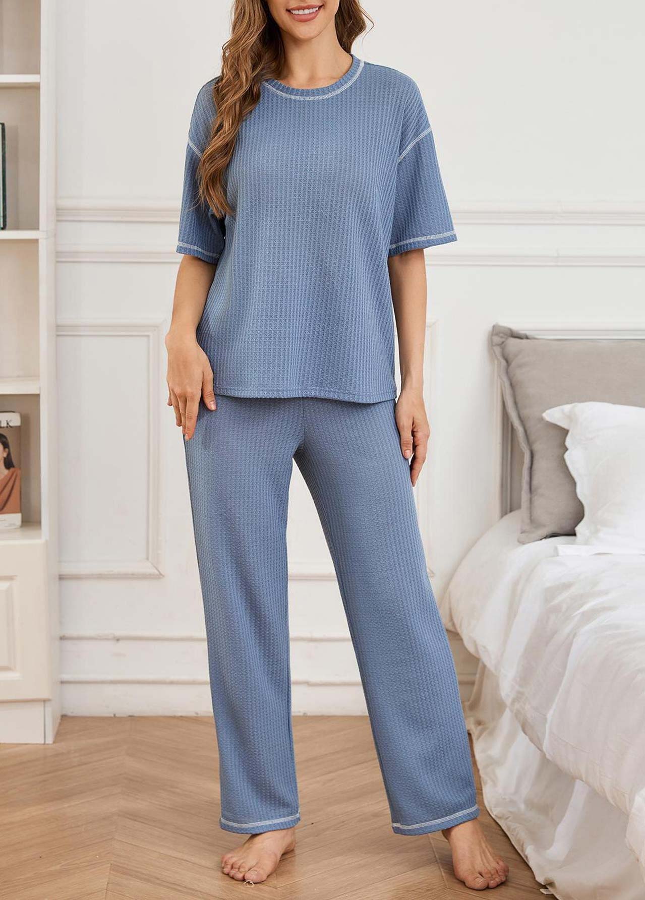 Blue loungewear,Plain Color loungewear,Blue Round Neck Short Sleeve Lounge Top and Pants
