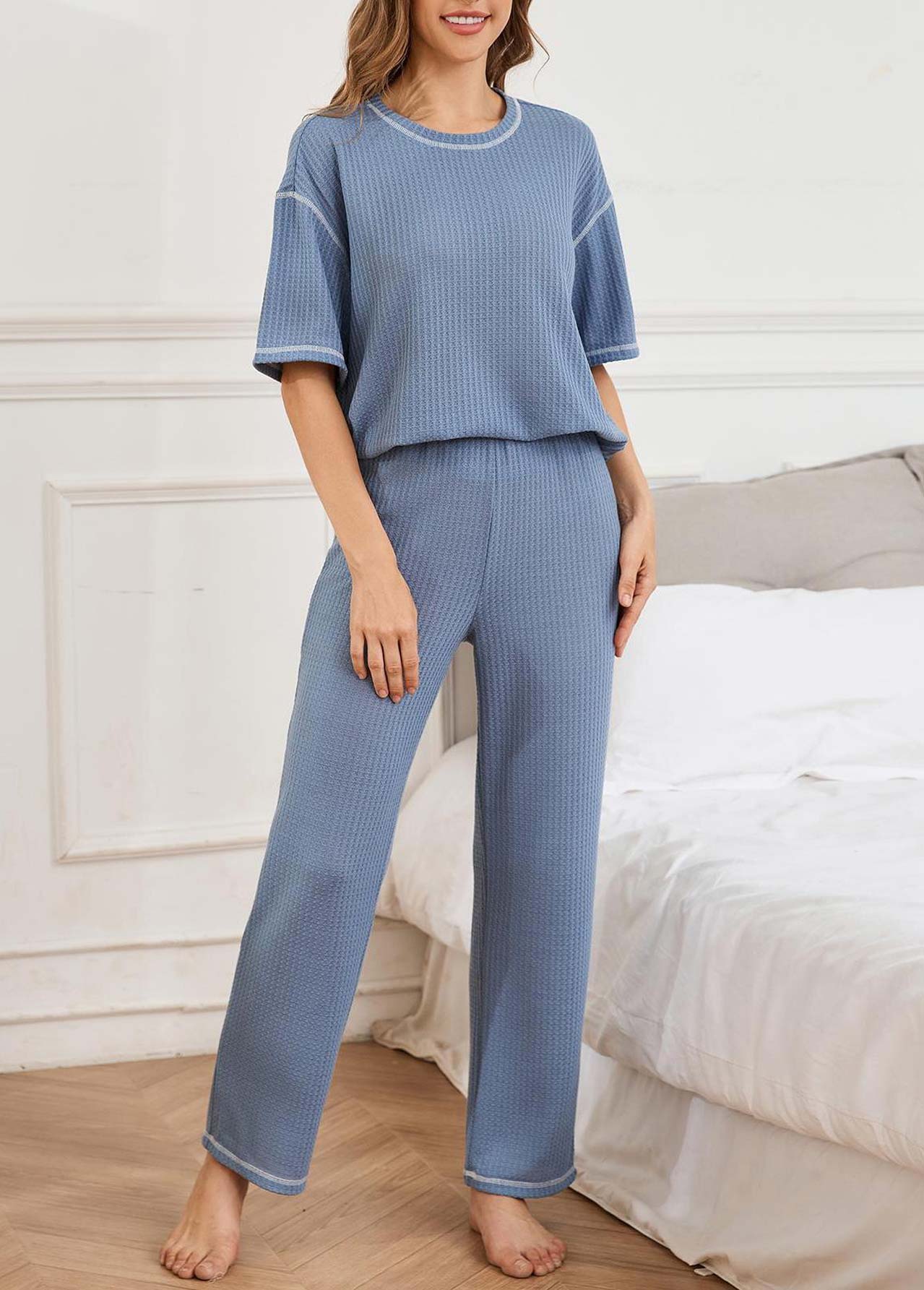 Blue loungewear,Plain Color loungewear,Blue Round Neck Short Sleeve Lounge Top and Pants