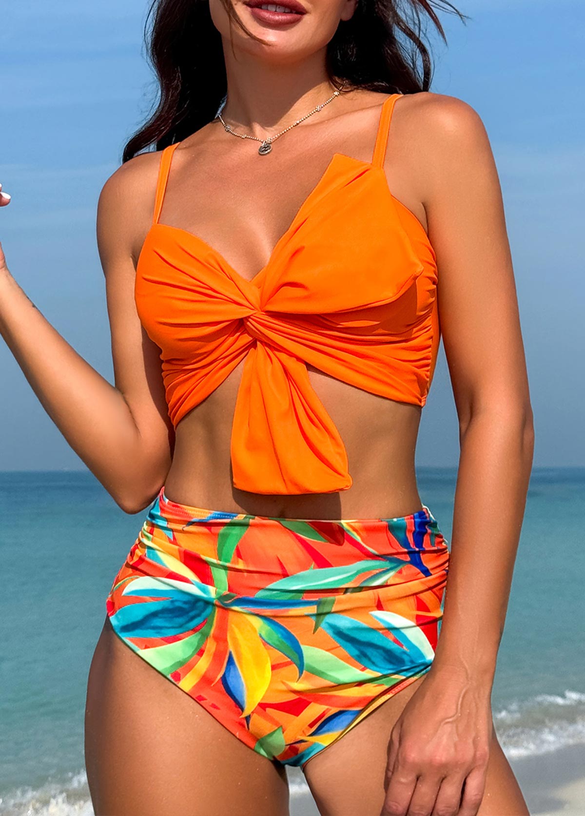 Orange swimwear,Plants swimwear,Twist Orange Leaf Print High Waisted Bikini Set