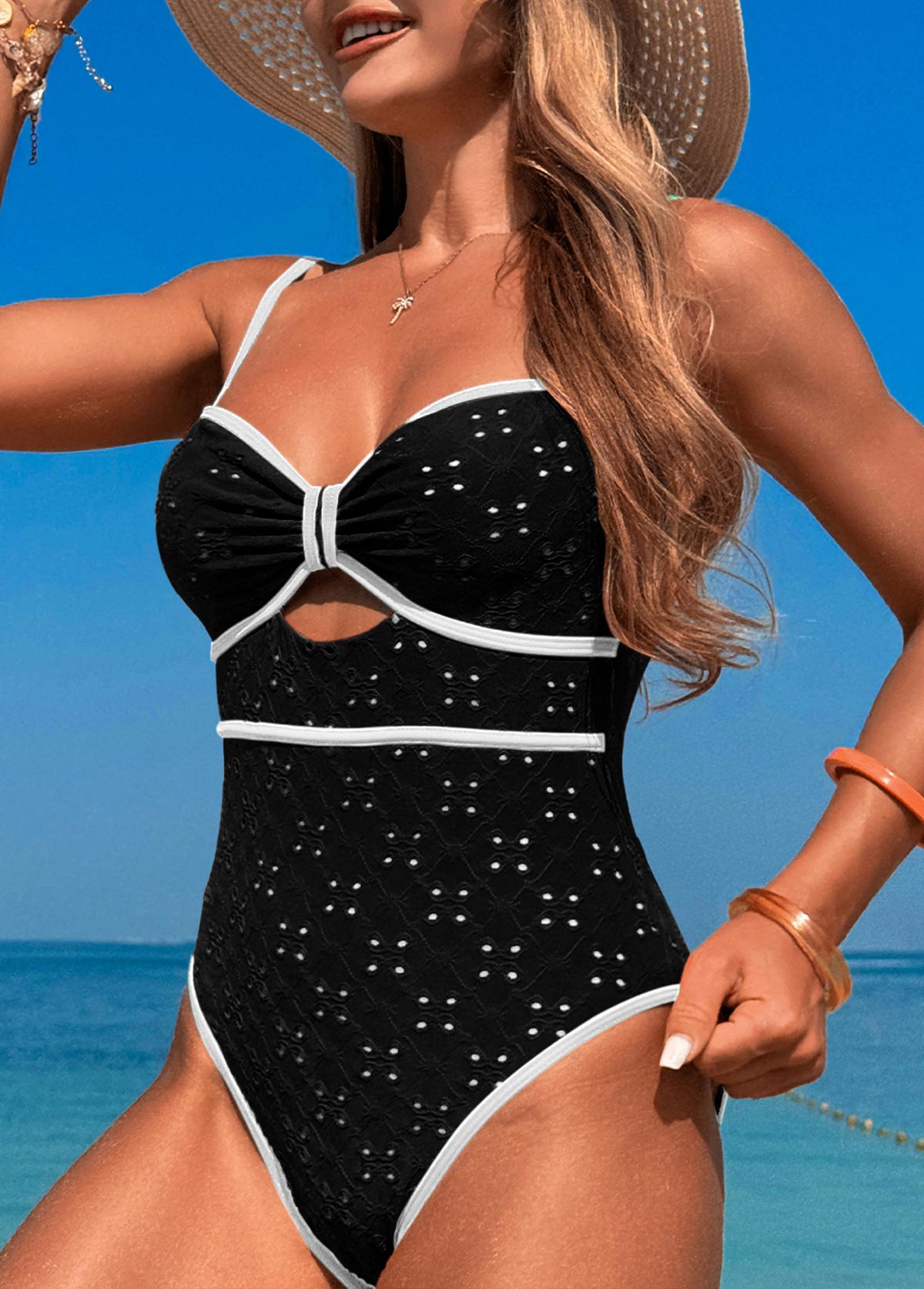 Black swimwear,Plain Color swimwear,Contrast Binding Black Cut Out One Piece Swimwear