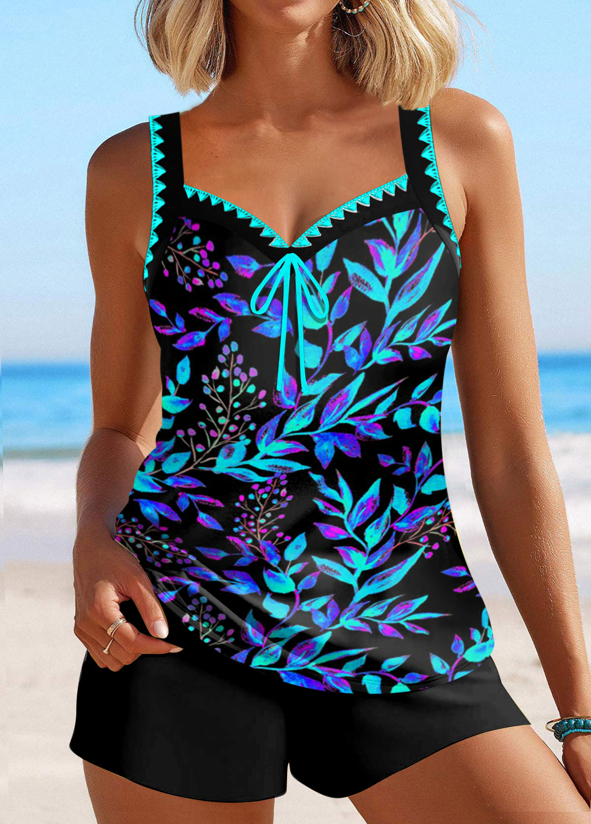 ROTITA Contrast Binding Cyan Floral Print Tankini Top-No Bottom