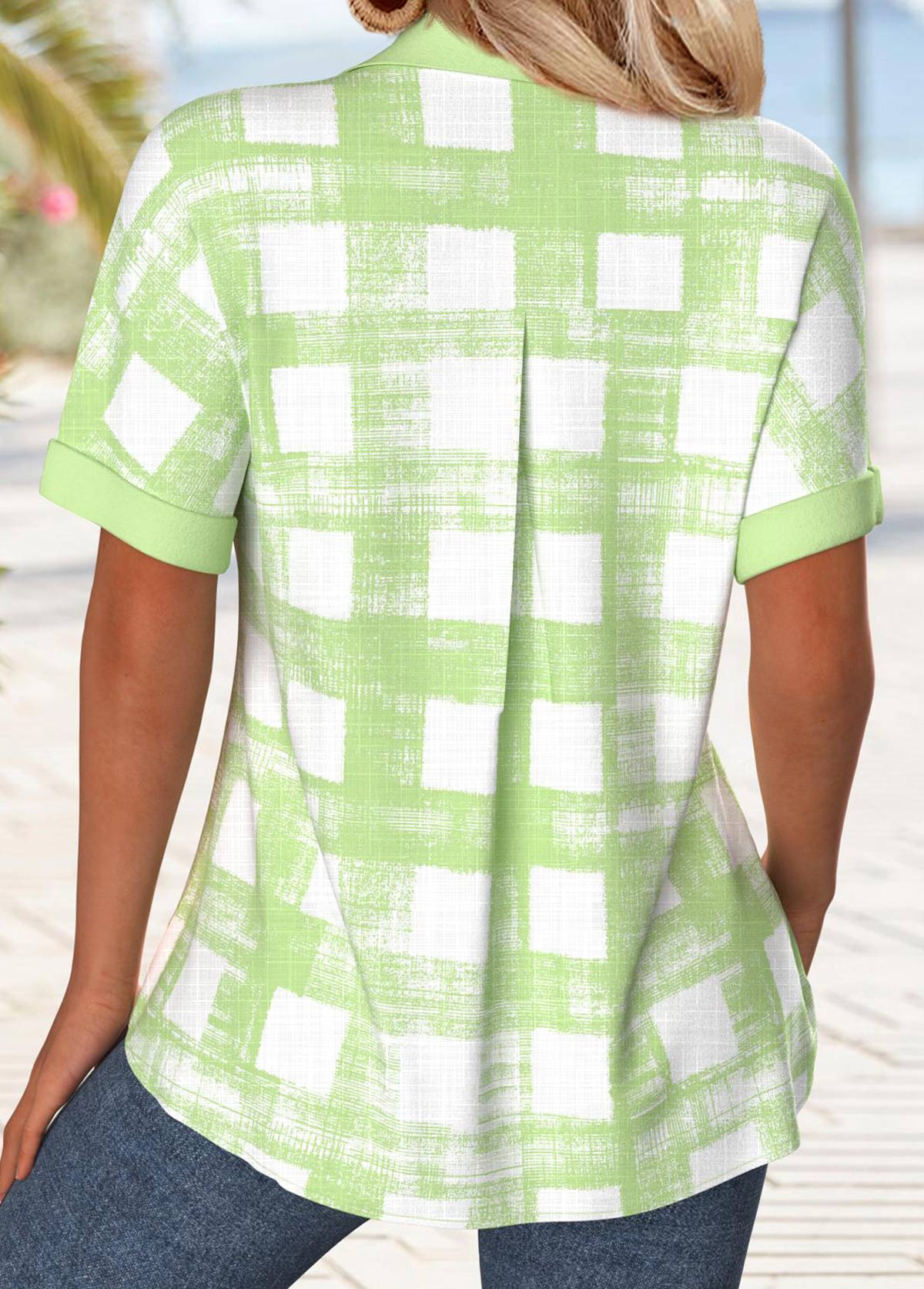 Light Green tops,Plaid tops,Geometric tops,ROTITA Button Plaid Light Green Short Sleeve Shirt
