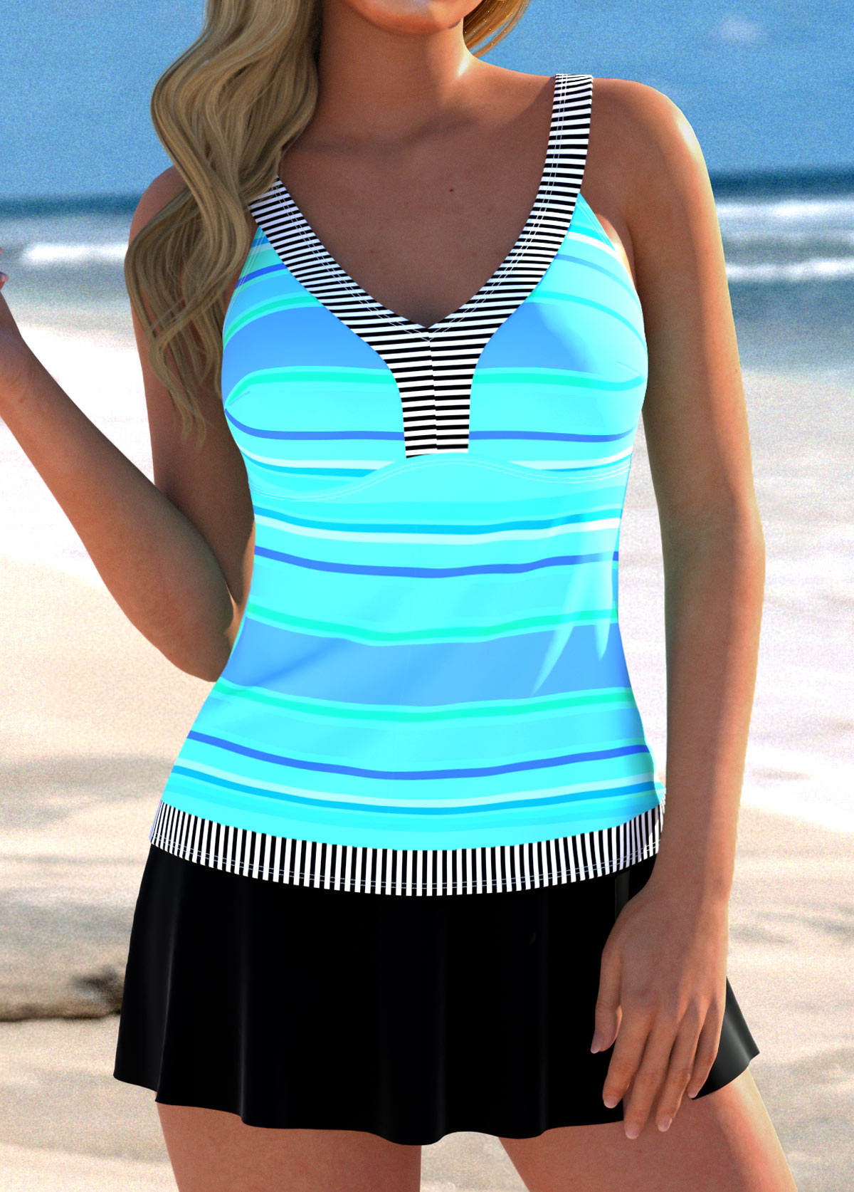 ROTITA Patchwork Cyan V Neck Striped Tankini Top-No Bottom