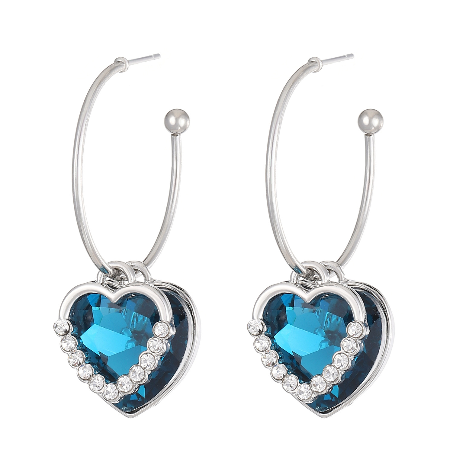 boucles d'oreilles en alliage bleu avec détails en strass en forme de cœur