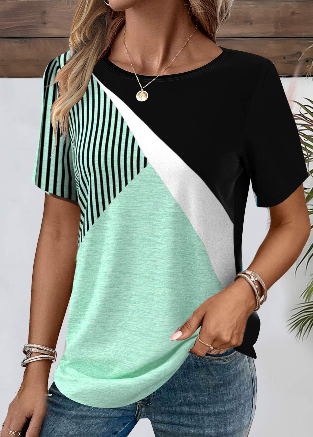 Black tops,Geometric tops,ROTITA Patchwork Geometric Print Black Round Neck T Shirt