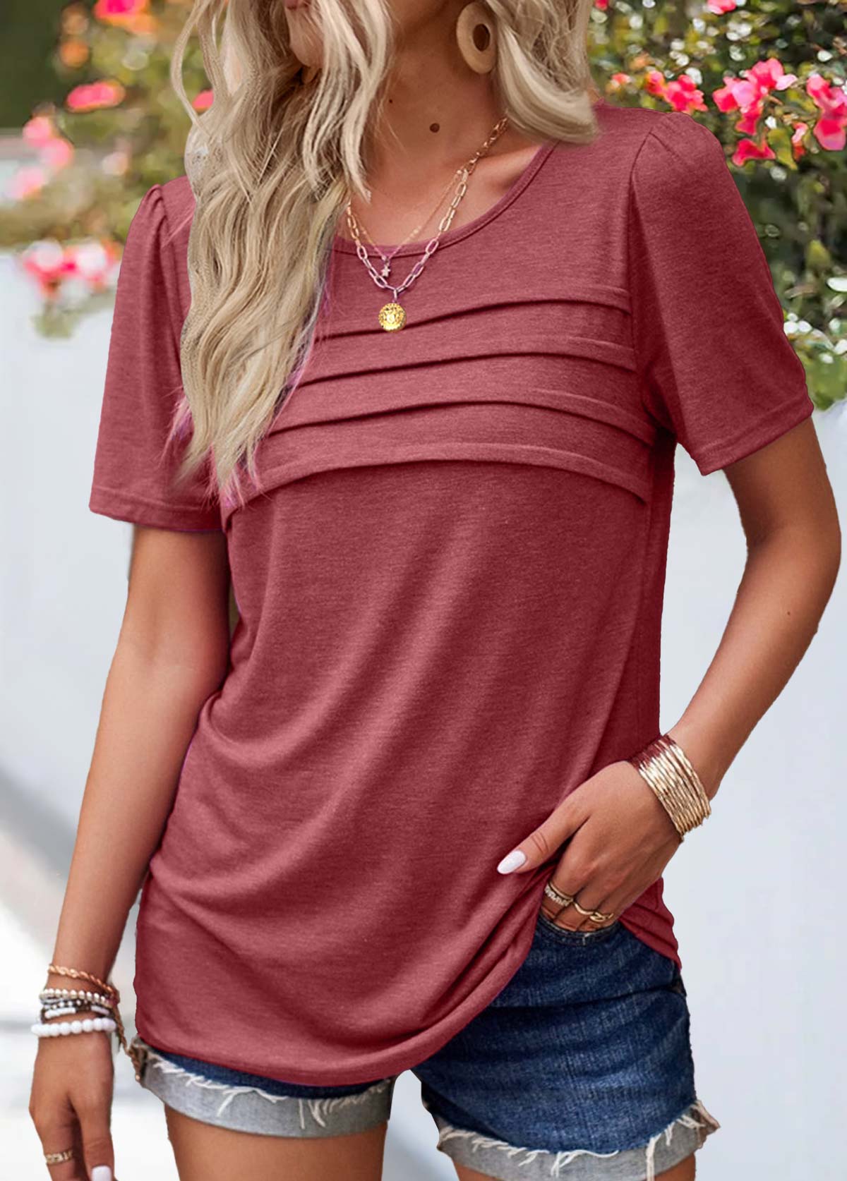 ROTITA Tuck Stitch Brick Red Round Neck T Shirt