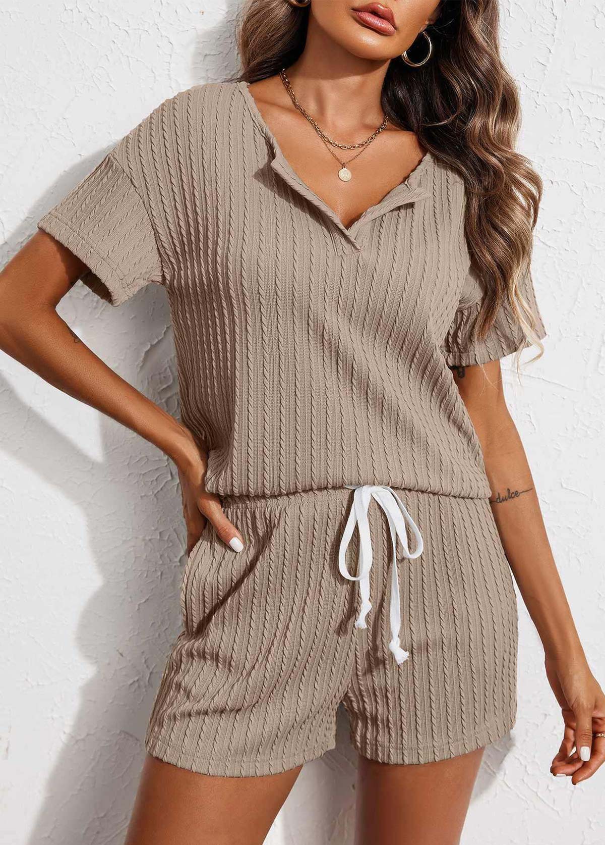 Gray Brown loungewear,Plain Color loungewear,Gray Brown Split Neck Tie Lounge Top and Shorts