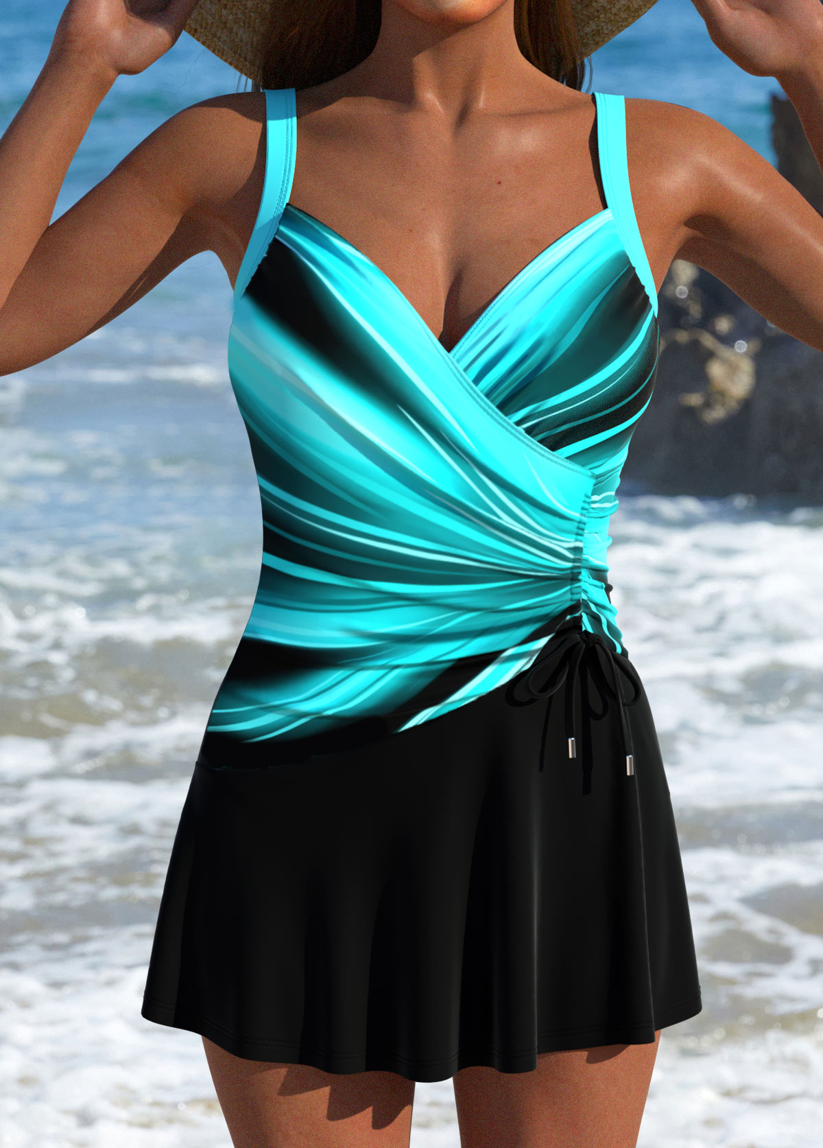 Cyan swimwear,Black swimwear,Ombre swimwear,ROTITA Drawstring Cyan Ombre One Piece Swimdress