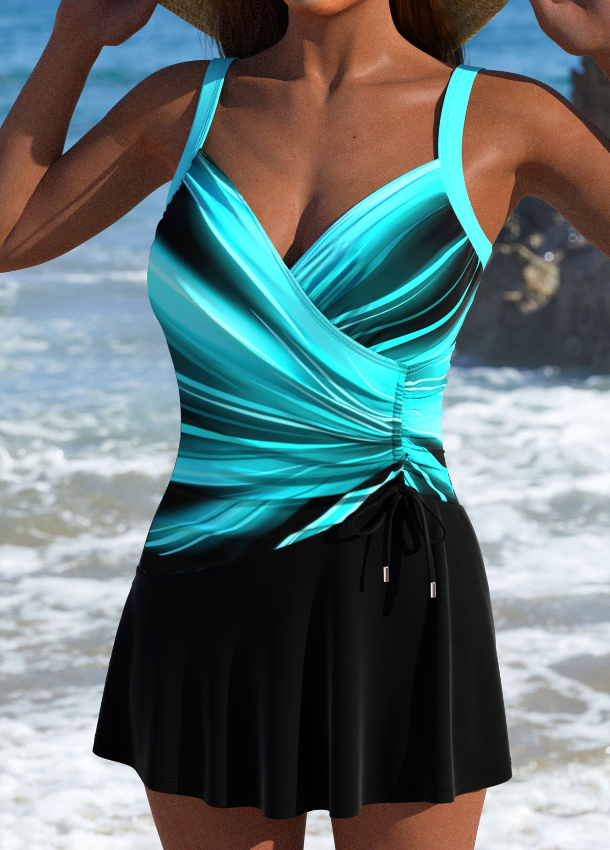 Cyan swimwear,Black swimwear,Ombre swimwear,ROTITA Drawstring Cyan Ombre One Piece Swimdress