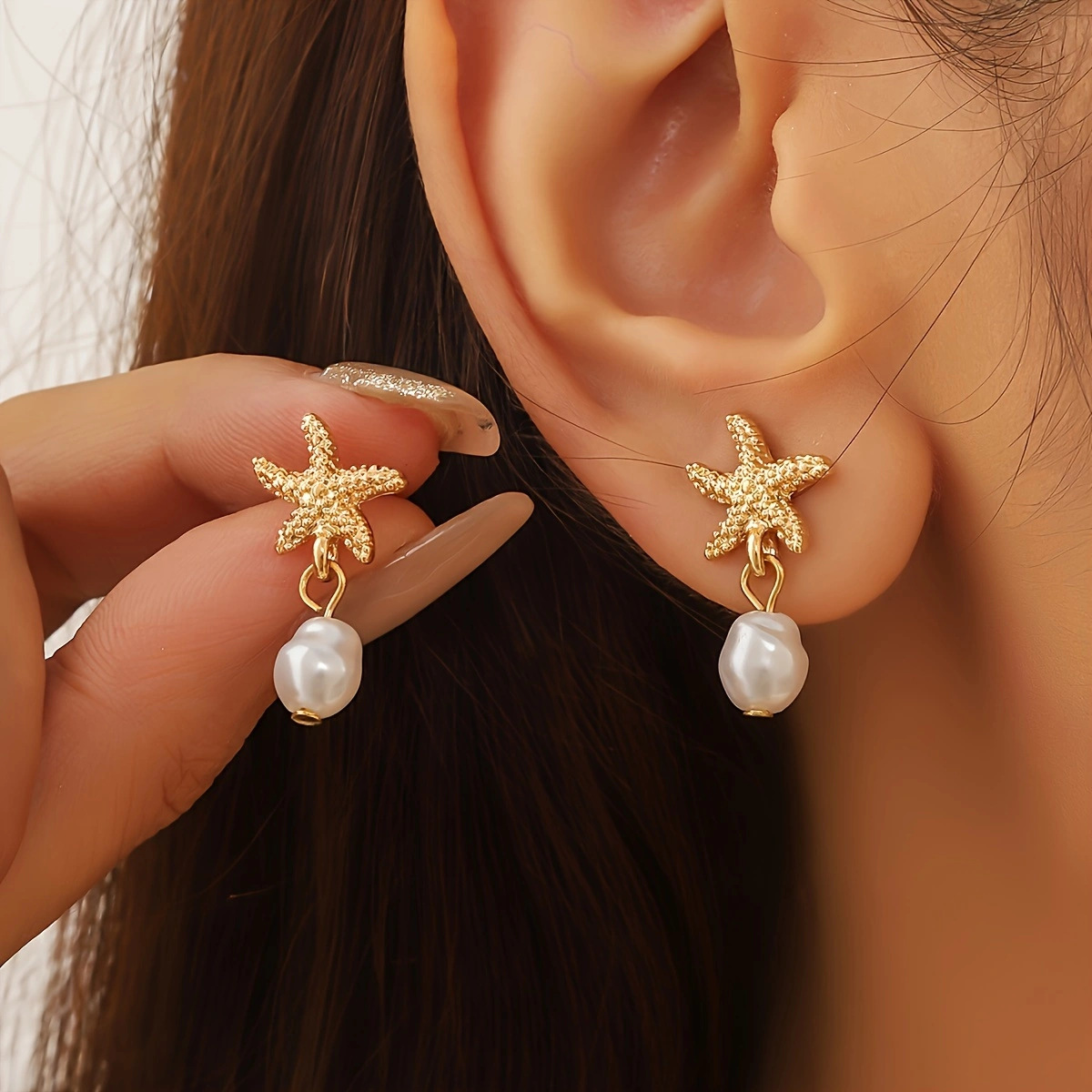 Golden jewelry,Animal Print jewelry,Golden Alloy Pearl Design Starfish Earrings