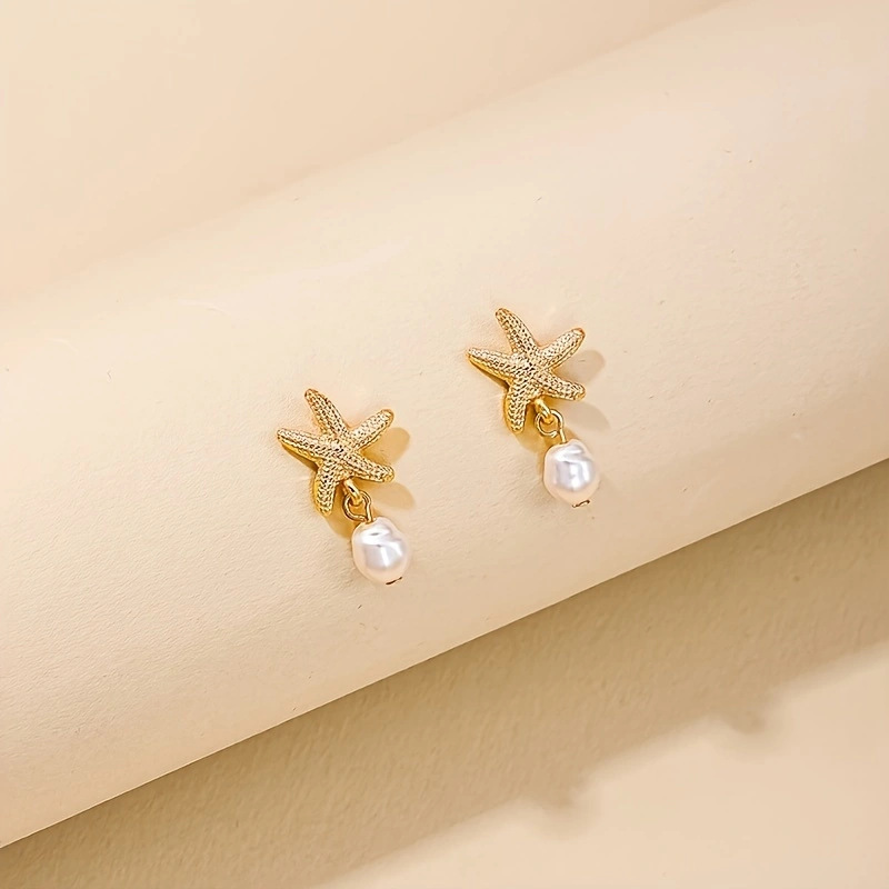 Golden jewelry,Animal Print jewelry,Golden Alloy Pearl Design Starfish Earrings