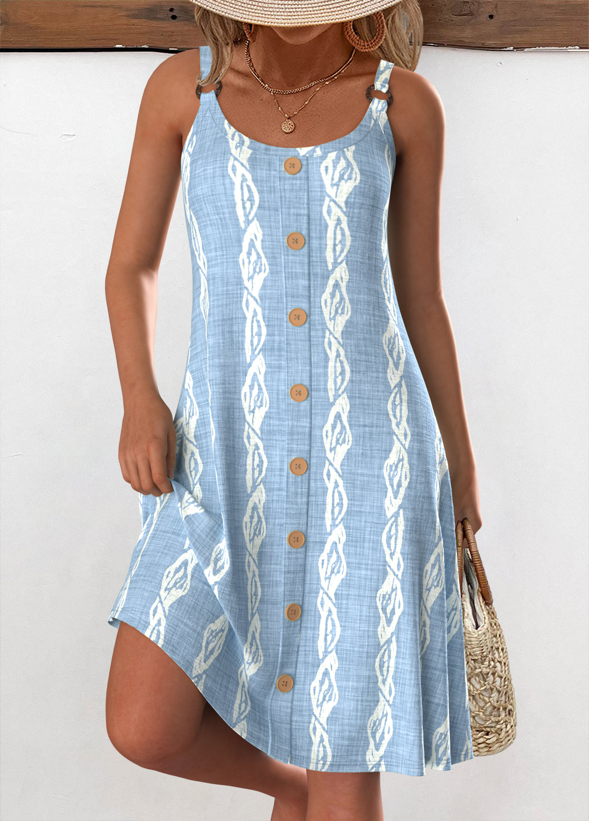 Light Blue dresses,Animal Print dresses,Everyday dresses,Casual dresses,ROTITA Circular Ring Tropical Plants Print Light Blue Strappy Dress