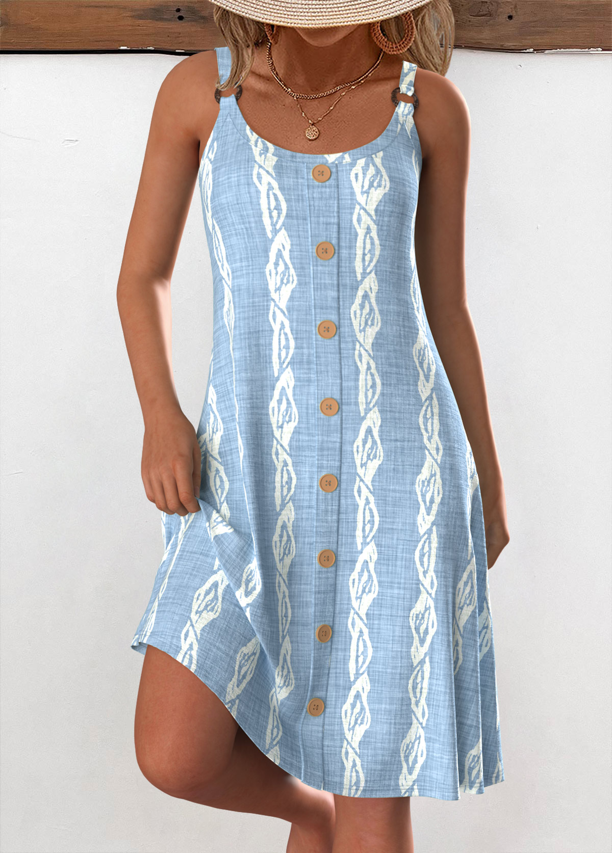 Light Blue dresses,Animal Print dresses,Everyday dresses,Casual dresses,ROTITA Circular Ring Tropical Plants Print Light Blue Strappy Dress