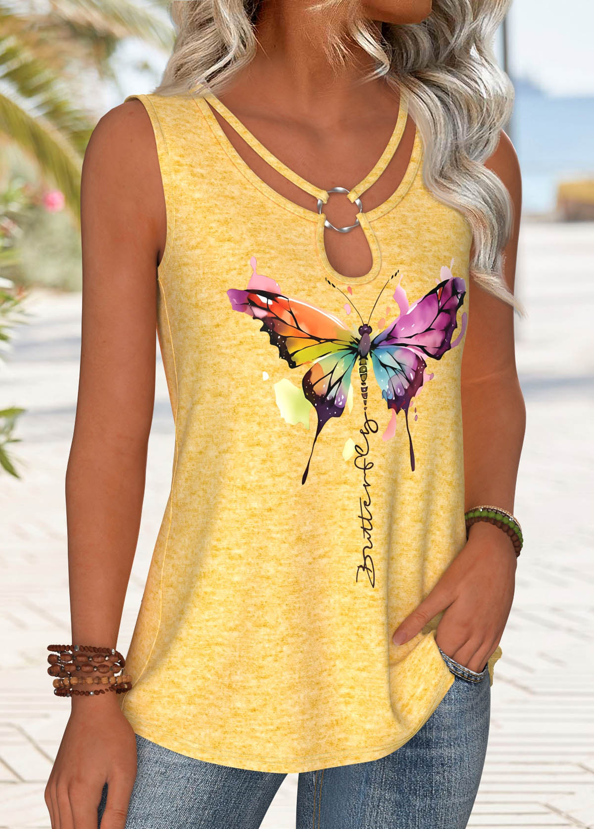 Yellow tops,Animal Print tops,ROTITA Circular Ring Butterfly Print Yellow Round Neck Tank Top