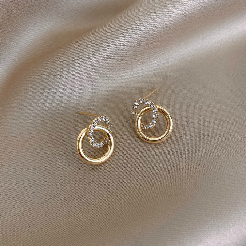 Golden jewelry,Round Rhinestone Double Hoop Golden Alloy Earrings