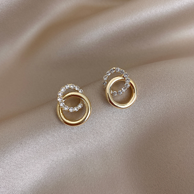Golden jewelry,Round Rhinestone Double Hoop Golden Alloy Earrings