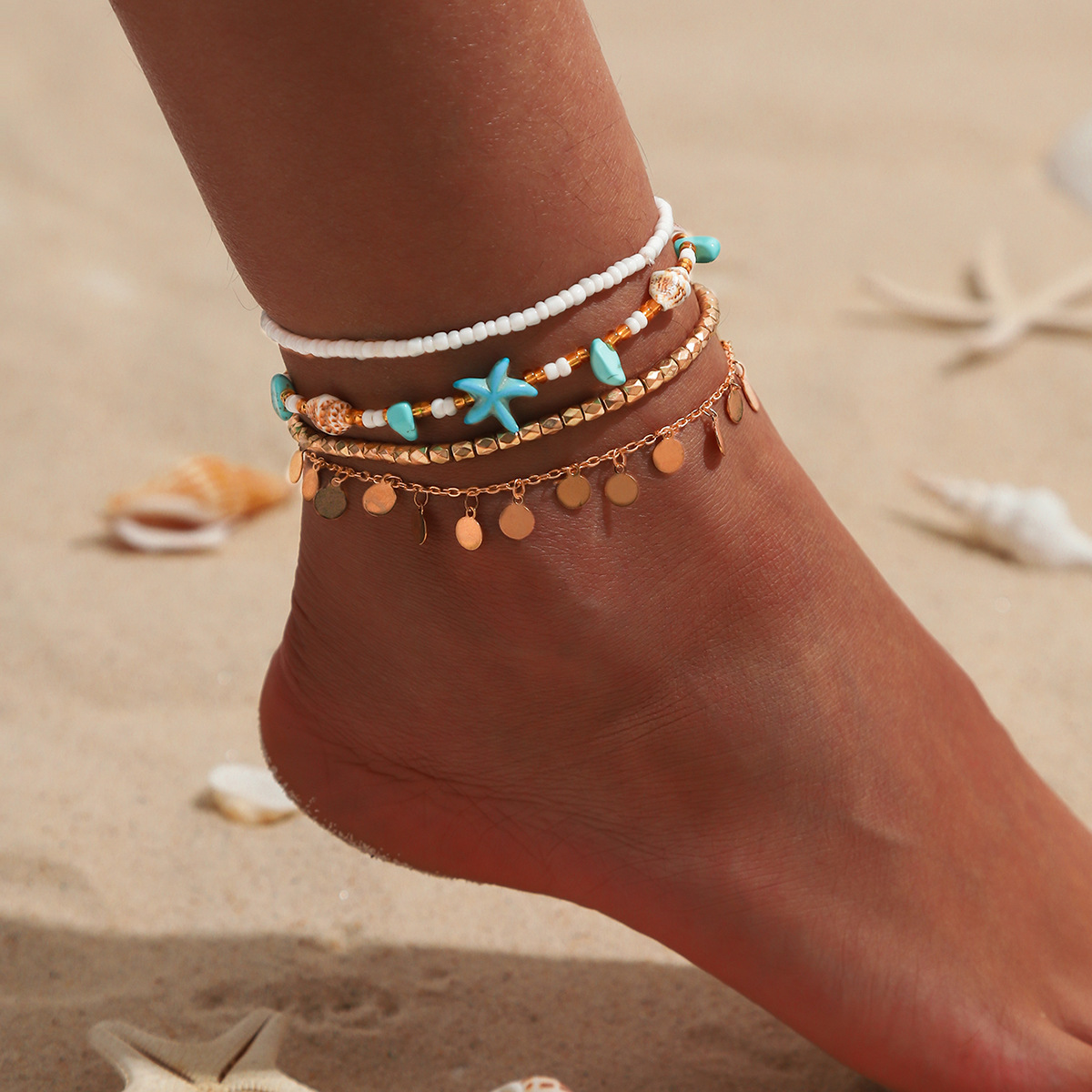 Golden jewelry,Tassel Starfish Beaded Golden Anklets Set