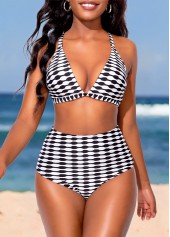 Black swimwear,White swimwear,Geometric swimwear,ROTITA Three-piece Black Geometric Print High Waisted Bikini Set
