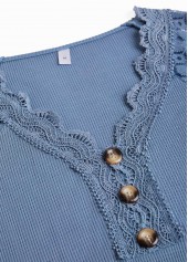 Dusty Blue tops,Plain Color tops,ROTITA Lace Patchwork Dusty Blue V Neck T Shirt