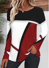 ROTITA Patchwork Geometric Print Wine Red Round Neck T Shirt