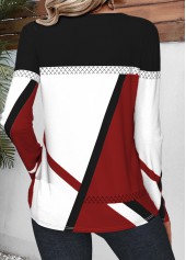 Wine Red plus size,White plus size,Geometric plus size,Striped plus size,ROTITA Plus Size Patchwork Wine Red Geometric Print T Shirt
