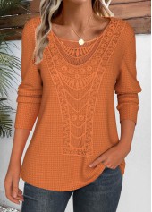 Terracotta tops,Plain Color tops,ROTITA Lace Terracotta Round Neck Long Sleeve T Shirt