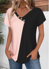 Light Pink tops,Black tops,Contrast Color tops,ROTITA Patchwork Light Pink V Neck Short Sleeve T Shirt