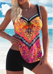 Multi Color plus size,Tribal plus size,ROTITA Plus Size Bowknot Tribal Print Multi Color Tankini Top