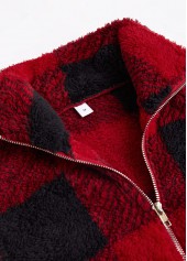 Wine Red tops,Plaid tops,ROTITA Plush Plaid Wine Red Stand Collar Sleeveless Waistcoat