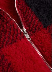 Wine Red tops,Plaid tops,ROTITA Plush Plaid Wine Red Stand Collar Sleeveless Waistcoat