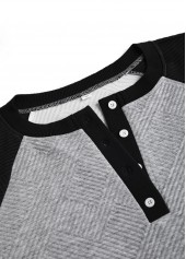 Light Grey tops,Contrast Color tops,ROTITA Button Light Grey Split Neck Long Sleeve Sweatshirt