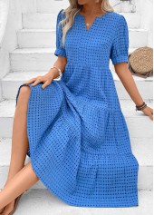 Blue dresses,Plain Color dresses,Vacation dresses,Vacation dresses,ROTITA Tummy Coverage Blue Split Neck Short Sleeve Dress