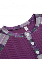 Purple tops,Plaid tops,ROTITA Button Plaid Purple Split Neck Long Sleeve Sweatshirt