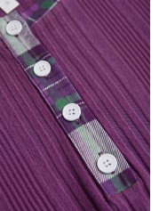 Purple tops,Plaid tops,ROTITA Button Plaid Purple Split Neck Long Sleeve Sweatshirt