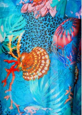 Cyan swimwear,Animal Print swimwear,ROTITA Bowknot Cyan Marine Life Print Cover Up