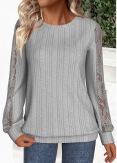 Grey tops,Plain Color tops,ROTITA Lace Grey Round Neck Long Sleeve Sweatshirt
