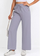 Grey bottoms,Plain Color bottoms,Drawstring Grey Straight Leg Elastic Waist High Waisted Pants
