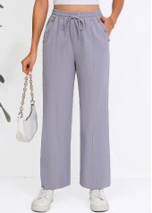 Grey bottoms,Plain Color bottoms,Drawstring Grey Straight Leg Elastic Waist High Waisted Pants