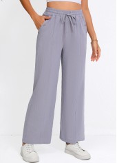 Grey bottoms,Plain Color bottoms,Drawstring Grey Straight Leg Elastic Waist High Waisted Pants